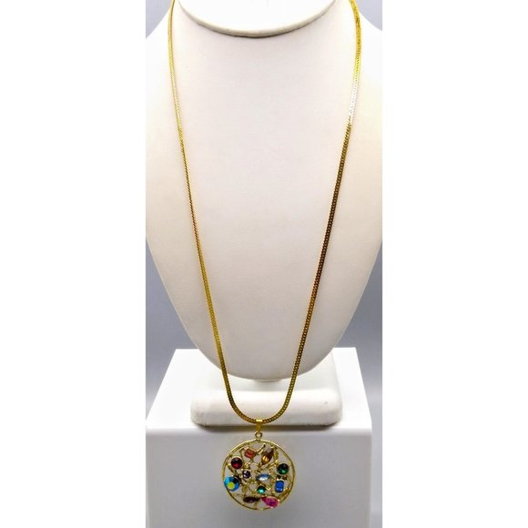 Glitz and Glam Medallion Pendant Necklace on Gold Tone Herringbone Chain - Picture 2 of 6